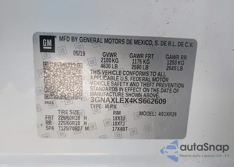 2019 Chevrolet Equinox Lt из США, поврежденный, VIN 3GNAXLEX4KS662609